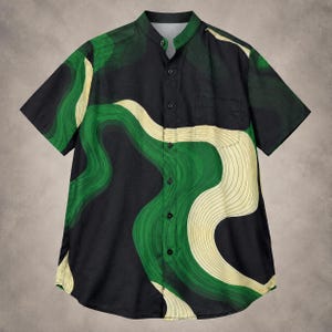 Forest Wave Abstract Shirt, Green Retro Button Up, Mens Summer Shirt, Vintage Geometric Festival Holiday Shirt, Vintage Mens Shirt