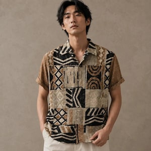 May include: A short-sleeved button-down shirt featuring a patchwork design with alternating blocks of black, tan, and cream geometric patterns. The shirt has a classic collar, a front button placket, and solid tan sleeves that contrast with the patterned body.
