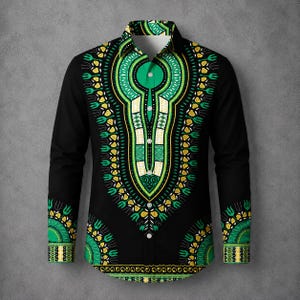 May include: A long-sleeve button-down shirt in black featuring a vibrant green, yellow, and white dashiki-inspired pattern on the front placket and cuffs. The design includes intricate geometric shapes and floral motifs centered on the chest.
