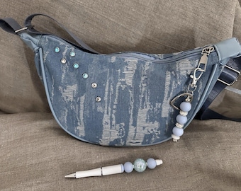 Monedero básico de mezclilla reciclada con bolígrafo y llavero personalizados, accesorios hechos a mano