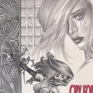 May include: A black and white illustration of two women. The woman on the left is wearing a black leather outfit and is bound with thorns. The woman on the right has long flowing hair and is looking down. The text "CRY FOR DAWN" is visible in the bottom right corner.