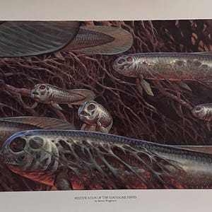 May include: An artistic illustration of several fish with skeletal features, swimming in a dark, root-filled environment. The fish have elongated bodies, large eyes, and detailed fins, with a color palette of browns, grays, and hints of red.