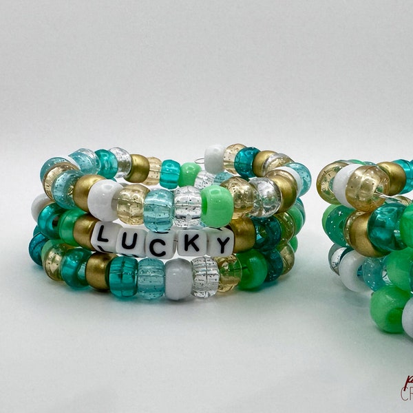 Lucky Wrap On Bracelet | Beaded Memory Wire St. Patrick's Day Pony Bead Wrist Wrap | Irish Themed Jewelry with gift pouch