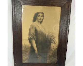 Lámina antigua de Ruth cosechando trigo, enmarcada en madera, de 22x16 pulgadas.