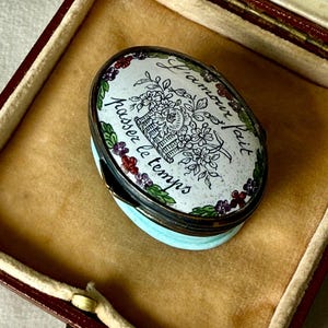 Può includere: Un portapillole ovale smaltato con un motivo floreale e le parole "L'amour fait passer le temps" in scrittura nera. La scatola ha una base azzurra ed è inserita in un astuccio di pelle marrone con interno beige.