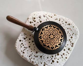 Incense pan with golden lid - Elegant iron incense pan with wooden handle - Mandala - Incense pan - Incense