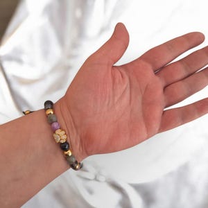 Protective Paw Bracelet with Gemstones: Hematite, Labradorite, Purple Jade, Black Agate, Smoky Quartz