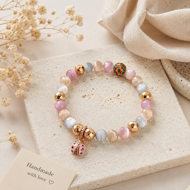 Glückskafer und Katzenauge Naturstein Armband - Boho Geschenk für Mama - Spirituelles Schutzaccessoire