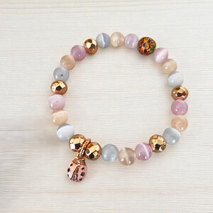 Glückskafer und Katzenauge Naturstein Armband - Boho Geschenk für Mama - Spirituelles Schutzaccessoire