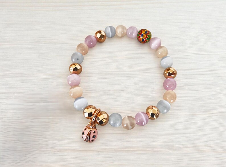 Glückskafer und Katzenauge Naturstein Armband - Boho Geschenk für Mama - Spirituelles Schutzaccessoire