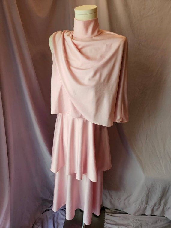 1970s Tiered Baby Pink Cocktail Dress and Cape - S