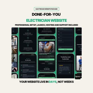 May include: An advertisement for an electrician website package. The image shows a series of smartphone screens with website mockups. Text includes "Electrician Website Package", "Done-For-You", and "Your Website Live in Days, Not Weeks."