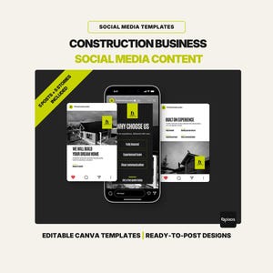 May include: A digital mockup of a smartphone and two social media posts, all featuring a construction business theme. The posts showcase images of houses and text such as "We will build your dream home" and "Built on experience". The design includes the text "Social Media Templates".