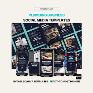 May include: Promotional image for plumbing businesses, showcasing social media templates. The design includes smartphone mockups displaying various posts, alongside square graphics. Text includes "Plumbing Business Social Media Templates" and "Editable Canva Templates".