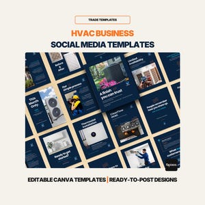 Pode incluir: Um conjunto de modelos de mídia social azul escuro para empresas de HVAC. Os modelos apresentam várias imagens e texto, incluindo "HVAC BUSINESS", "SOCIAL MEDIA TEMPLATES" e "EDITABLE CANVA TEMPLATES". O design inclui imagens de equipamentos de HVAC e conteúdo relacionado a serviços.