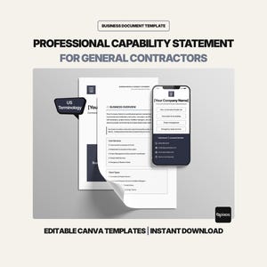 May include: A professional capability statement template for general contractors. The design includes a document, a smartphone mockup, and the text "US Terminology". The template is for business documents and is available as an editable Canva template.