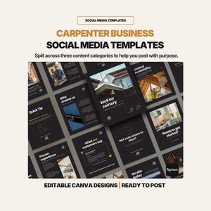 May include: A collection of black social media templates for a carpenter business. The templates include text such as "Quick Tip", "Why choose us", and "McKay Joinery". The templates are labeled "Editable Canva Designs" and "Ready to Post".