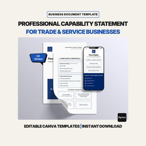 Puede incluir: Una plantilla de documento comercial con el texto "Professional Capability Statement for Trade & Service Businesses". La imagen incluye un teléfono inteligente que muestra una aplicación comercial y un documento impreso etiquetado como "US Version".