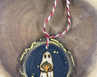 The Perfect Pumpkin Ghost Wood Ornament, Wooden Ornament, Christmas Ornament, Handmade Ornament, Wood Burned Ornament, Painted Ornament