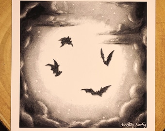 In the Moon's Glow Charcoal Print, Bat Print, Animal Print, Night Sky