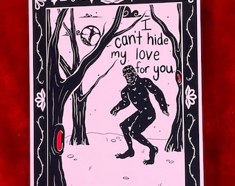 Bigfoot Valentine's Day Card, Cryptid Card, Creepy Card, Cute Card, Wordless Card