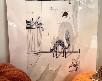 Scaredy Cat Print, Pen Drawing, Wall Art, Animal Print