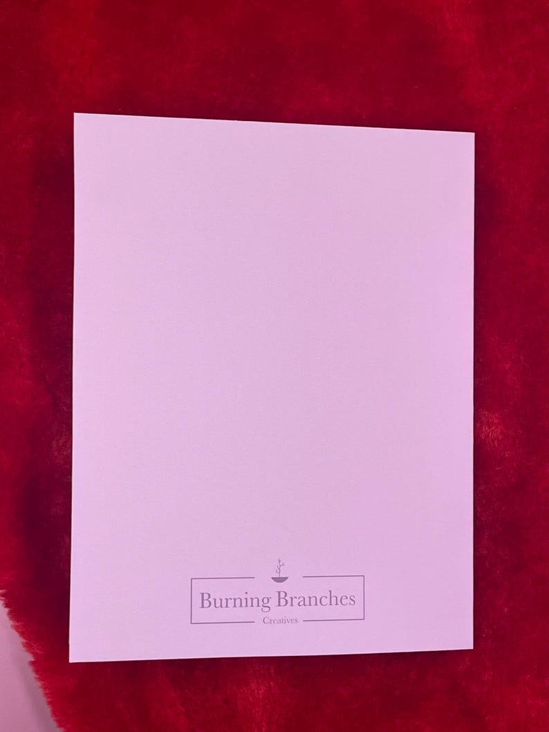 May include: A blank, light pink card with the text "Burning Branches Creatives" in a black rectangle at the bottom.
