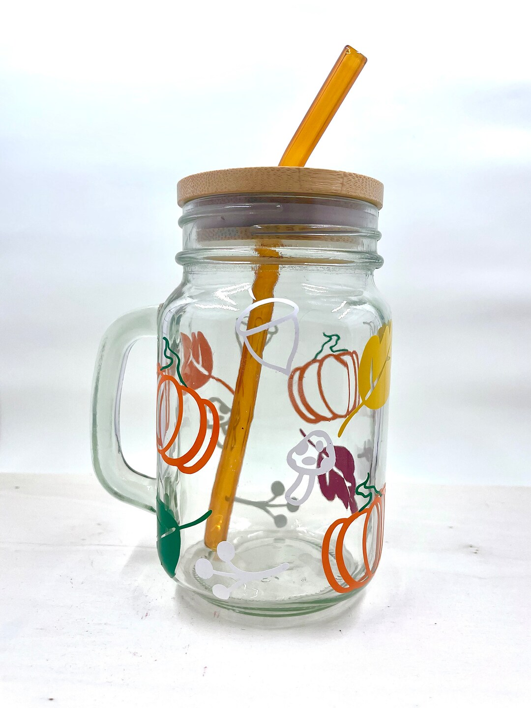 Fall Foliage Glass Mason Jar Cup With Bamboo Lid and Glass Etsy