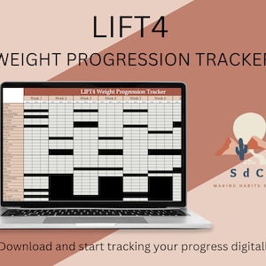 May include: A laptop computer screen displaying a weight progression tracker for the LIFT4 workout program. The tracker is a spreadsheet with columns for each week of the program and rows for different exercises. The spreadsheet is titled "LIFT4 Weight Progression Tracker". The laptop is on a brown surface with a graphic of a desert scene and the text "SdC MAKING HABITS SIMPLE".