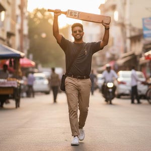 Op de afbeelding: Een persoon loopt over straat en houdt een cricketbat boven zijn hoofd. Ze dragen een donkergrijs t-shirt, een kaki broek en witte sneakers. Een zwarte tas hangt over hun schouder. De achtergrond toont een drukke straat.