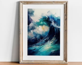 Op de afbeelding: Een ingelijst aquarel schilderij van een grote, blauwe golf die in de oceaan breekt. De golf is geschilderd in tinten blauw, groen en wit, met een vleugje geel in de schuim.