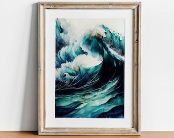 Op de afbeelding: Een ingelijst aquarel schilderij van een grote, brekende oceaan golf. De golf is geschilderd in tinten blauw en groen, met hints van goud.