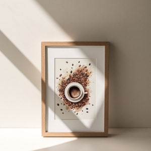 Arte de cafetería, impresión de café, acuarela, pintura inspirada en baristas, decoración de rincón de cocina, inspiración de cafeína, arte de pared moderno, cervecería casera