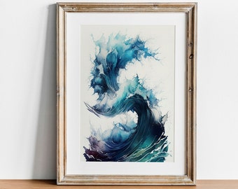 Ocean Waves Abstract Blue Wall Art, Deep Sea Nautical Color Painting, Ocean Themed Home Decor, Beach Digital Wall Picture, Color Watercolor