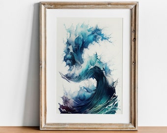 Op de afbeelding: Een ingelijst aquarel schilderij van een blauwe golf die breekt met wit schuim. De golf is geschilderd in tinten blauw, groen en paars.