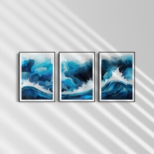 Abstract Wall Art Printable Home Decor Painting Art Set Ocean Themed Canvas Art Sea Watercolor Digital Painting Three Piece Kitchen Decor