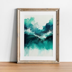 Ocean Waves Abstract Blue Wall Art, Deep Sea Nautical Color Painting, Ocean Themed Home Decor, Beach Digital Wall Picture, Color Watercolor