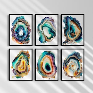 Geode Crystals Art Print Collection Rock Collector Painting Geology Minerals Fossil Digital Downloadable Art Gifts For Geologist Print Set