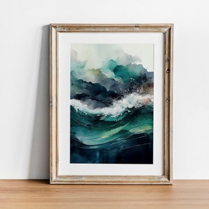 Ocean Waves Abstract Blue Wall Art, Deep Sea Nautical Color Painting, Ocean Themed Home Decor, Beach Digital Wall Picture, Color Watercolor