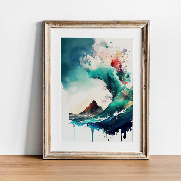 Ocean Waves Abstract Blue Wall Art, Deep Sea Nautical Color Painting, Ocean Themed Home Decor, Beach Digital Wall Picture, Color Watercolor