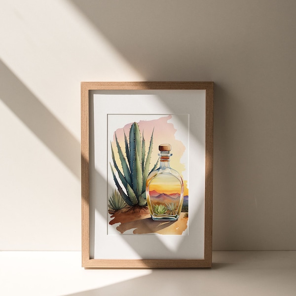 Tijuana Tequila Wall Art, Watercolor Digital Painting, Mexican Inspired Canvas Print, Home Decor, Restaurant Decoration, Sunset Landscape