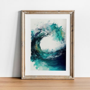 Pode incluir: Uma pintura de aquarela emoldurada de uma grande onda azul turquesa quebrando. A onda é pintada em um estilo realista com respingos de branco e verde.