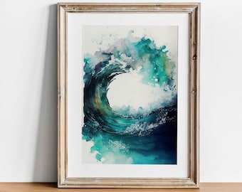 Op de afbeelding: Een ingelijst aquarel schilderij van een grote, turquoise blauwe golf die breekt. De golf is geschilderd in een realistische stijl met spatten van wit en groen.