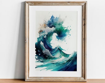 Op de afbeelding: Een ingelijst aquarel schilderij van een grote blauwe en groene golf die breekt. De golf is geschilderd in een realistische stijl met spatten van witte en oranje verf.