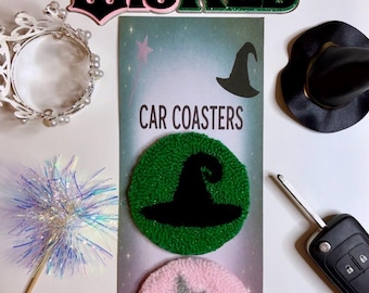 Wicked Inspired Car Coasters | Punch Needle Coaster Set | Pink & Green Cup Holder Mats | Handmade
