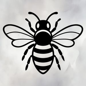 May include: A black and white illustration of a bee with detailed wings, antennae, and striped abdomen. The bee is depicted in a simple, graphic style, suitable for various design applications.