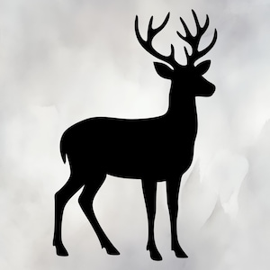 May include: A black silhouette of a deer with large antlers, standing on a light gray background. The deer is facing left, with its head turned slightly to the right. The antlers are detailed and prominent.