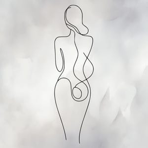 May include: A minimalist line art illustration of a woman's silhouette, viewed from the back. The black outline depicts the figure's form, hair, and dress against a soft, watercolor-like gray background. The artwork evokes a sense of elegance and simplicity.