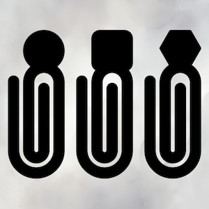 May include: Three black paperclip designs with different top shapes: a circle, a square, and a hexagon. The paperclips have a minimalist, modern aesthetic against a soft, gray background.