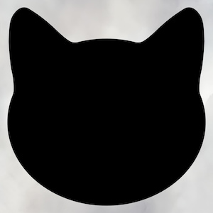 May include: A solid black cat head silhouette against a soft, blurred gray background. The cat's ears are pointed, and the head is rounded, creating a simple, graphic design. The image is a minimalist representation of a feline.